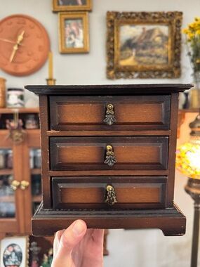 Vintage Wooden Jewelry Box with Gold Fabric Lining